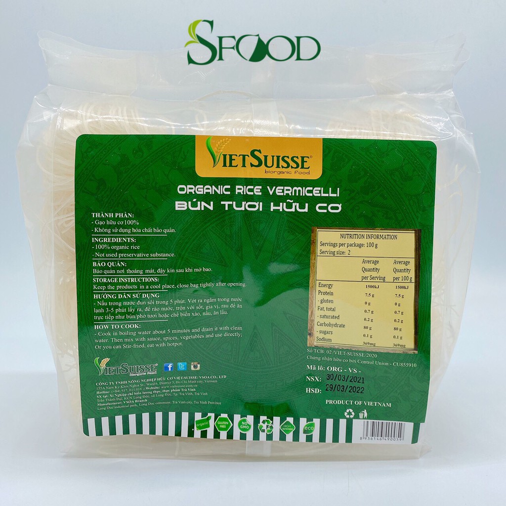 Bún gạo lứt/ Bún tươi hữu cơ Vietsuisse 900gram, thức ăn Healthy, Eatclean