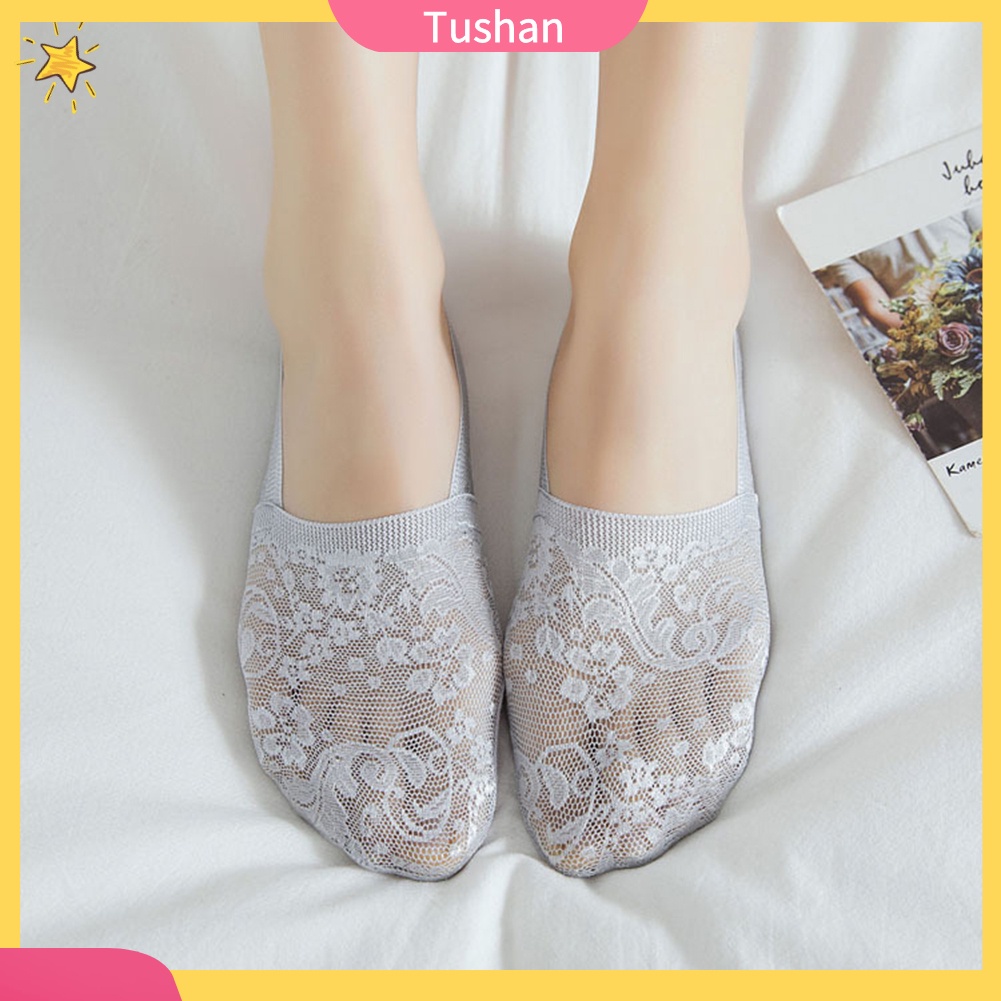 TUSH Women Solid Color Antiskid Invisible Lace Flower Low Cut Short Ankle Boat Socks