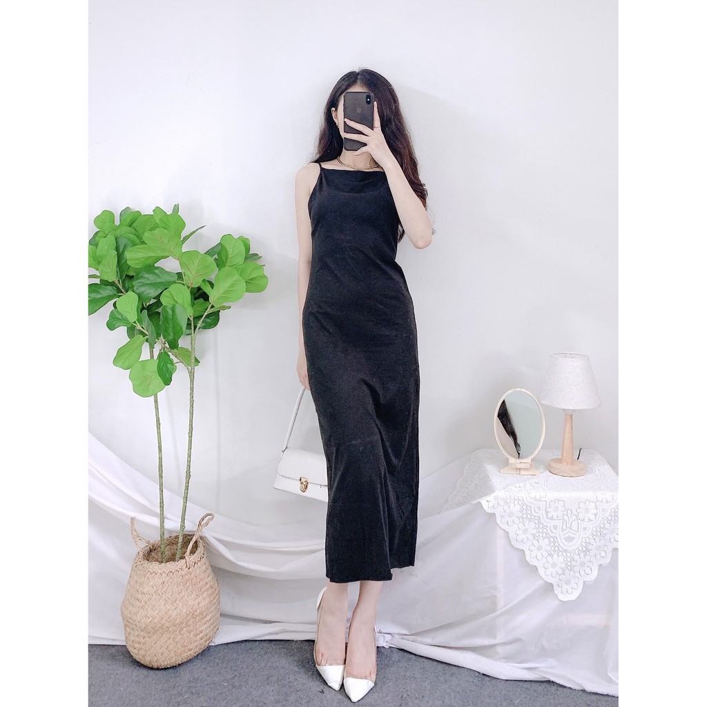 Váy 2s Midi Hở Lưng Nữ 🎁 Nana's House - FREESHIP 🎁 Đầm hai dây suông ôm body dáng dài màu đen basic