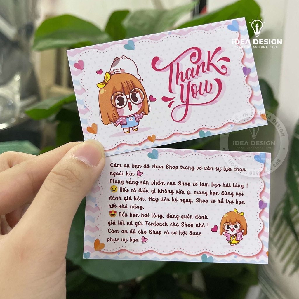 Card Cám Ơn, Card Thank You, Thiệp Cảm Ơn - Size 9x5,4cm - Giấy C300 Cán Màng Mờ 2 Mặt Hình Cô Gái Dễ Thương