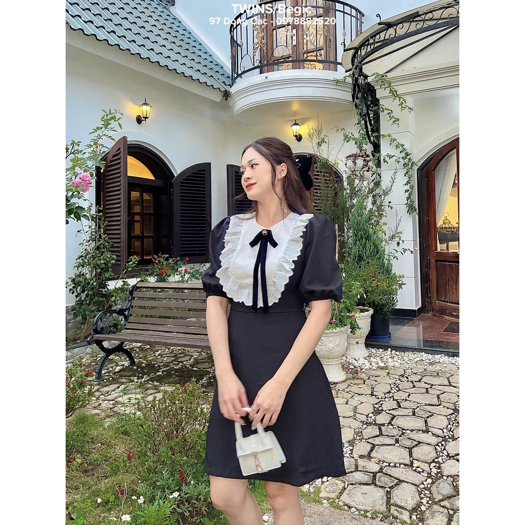 Đầm tay bồng cổ ren trắng kèm tag ( Eun jeon dress by Twins)