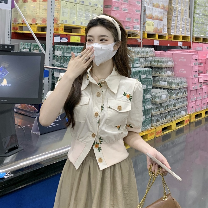 Xiaozhainv Bộ Áo Sơ Mi Tay Ngắn + Chân Váy Dài Vải Voan In Hoa Kiểu retro Pháp Xinh Xắn Cho Nữ