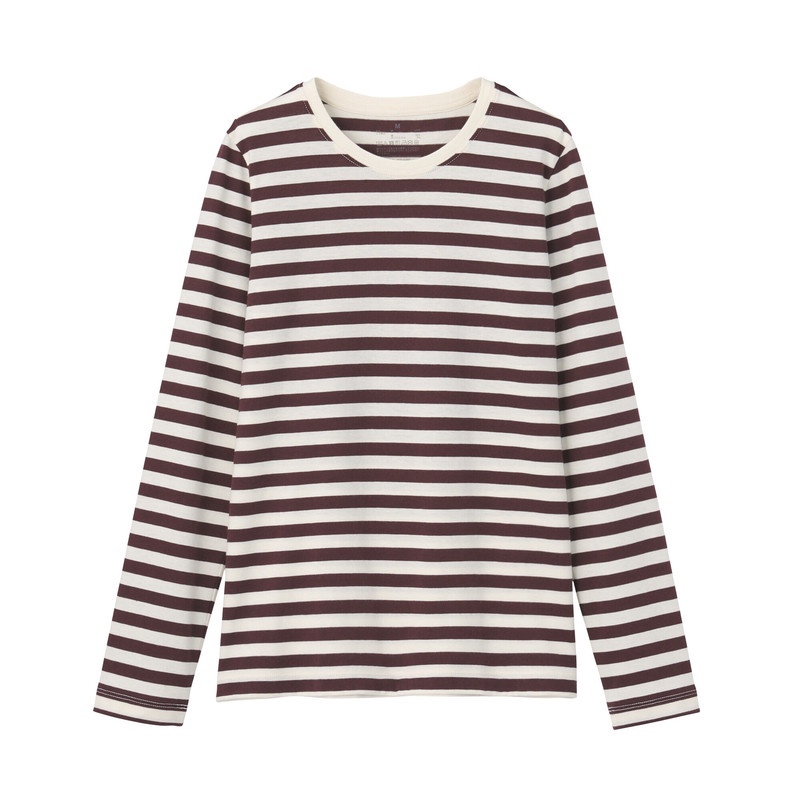 Muji Áo Thun Vải Jersey Cotton Ấn Độ Cổ Tròn Dài Tay-Sọc