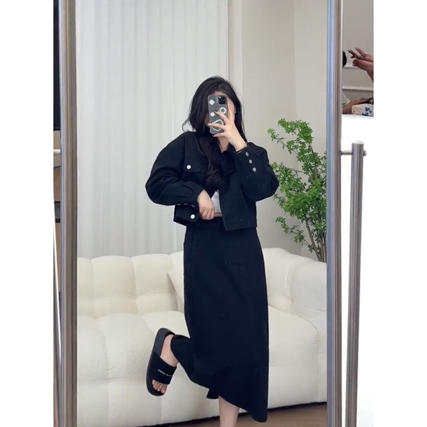 [328] Set Nhung Tăm 2 Món Áo Khoác Mix Chân Váy Dài Dày Dặn 3 Màu Có Ảnh Thật
