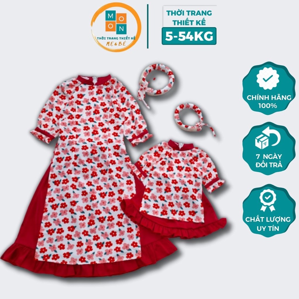 Sét Áo Dài Đôi Kèm Mấn Diện Tết Bằng Lụa Mango Màu Đỏ Cho Mẹ Và Bé 5-64kg (QATE013)