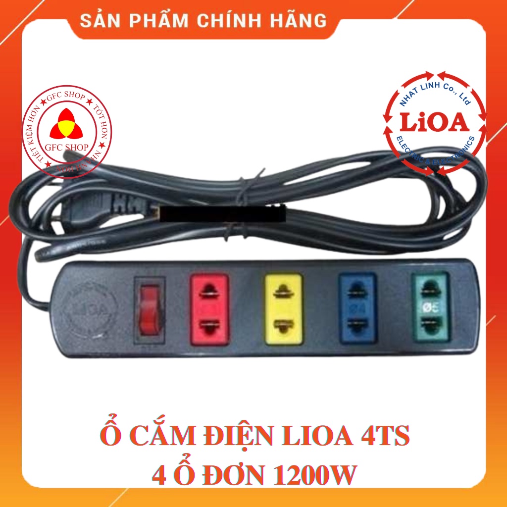 Ổ cắm điện LIOA 4 ổ có công tắc dây 3m hoặc 5m 1100W (4TS hoặc 4TSN) Màu đen - Thế hệ mới