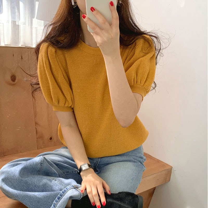 (ORDER) Áo sơ mi nữ chất len dệt kim mềm mịn tay phồng đơn giản nhẹ nhàng Hàn Quốc - Có ảnh thật