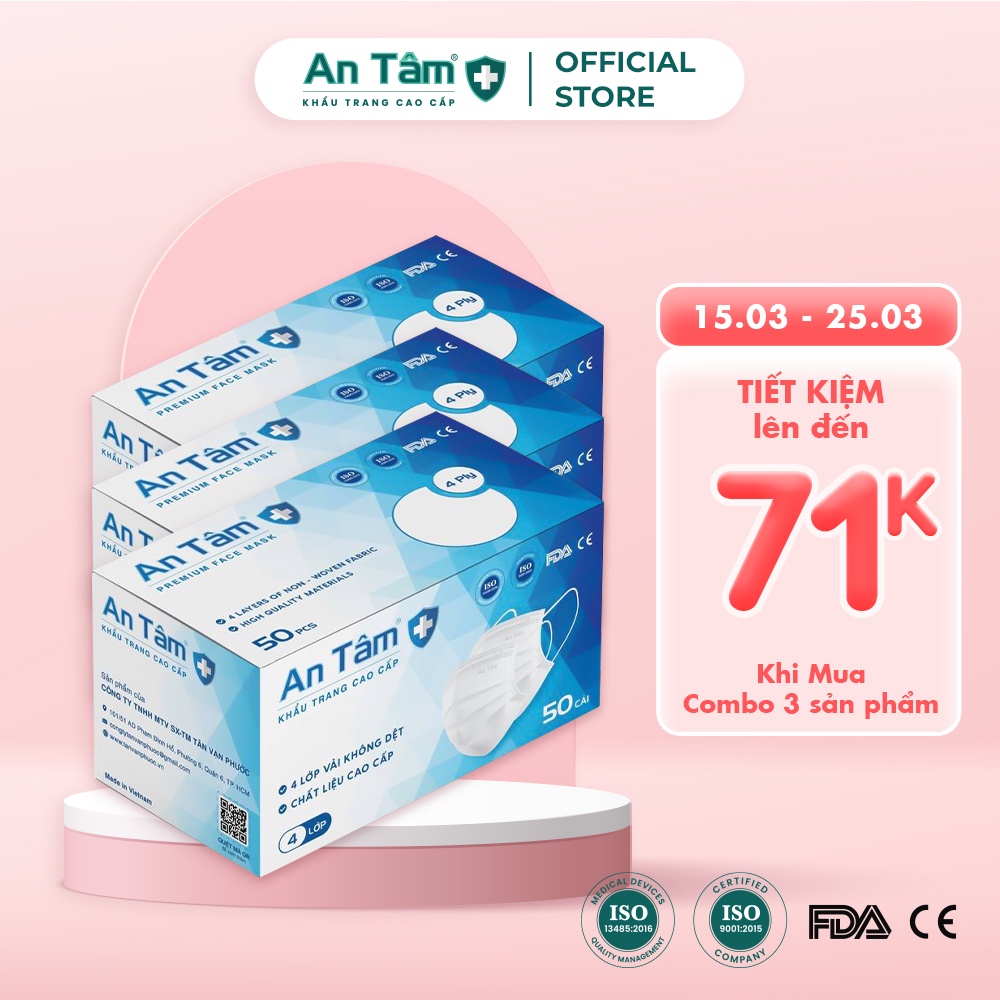 Combo 3 hộp khẩu trang y tế 4 lớp Vải Không Dệt cao cấp - Chính Hãng AN TÂM - Hộp 50 cái