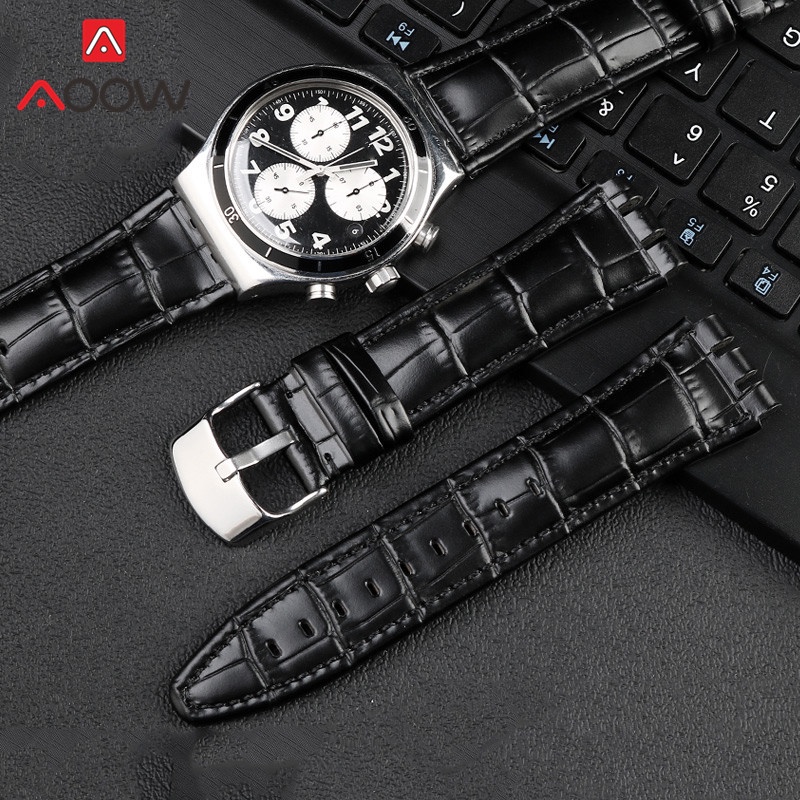 Dây Đeo Bằng Da Thật 21mm Có Khóa Bằng Thép Không Gỉ Cho Đồng Hồ Swatch YVB404 YVS400 Đen