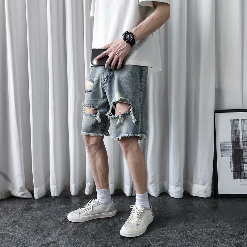 Quần Short Jean Ống Rộng Phong Cách Retro Hong Kong Cho Nam