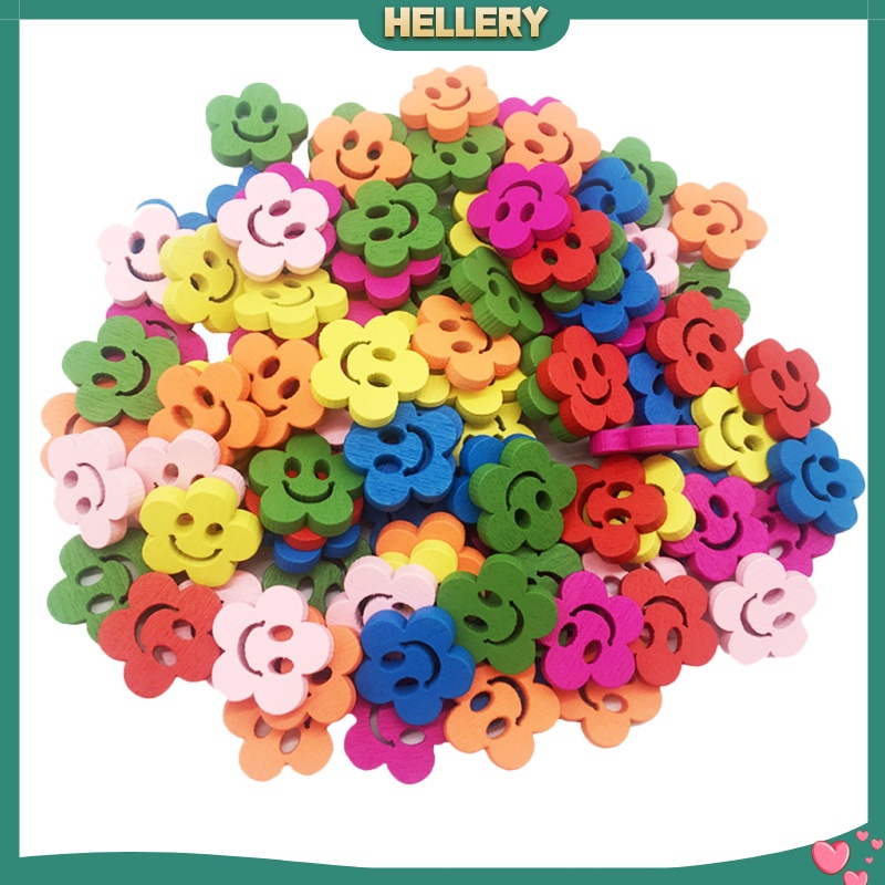 Set 100 Nút Gỗ 2 Lỗ 20mm Hình Bông Hoa / Mặt Cười Dễ Thương Dùng Trang Trí DIY