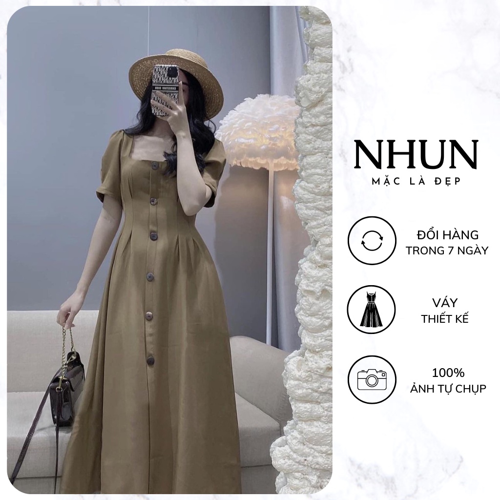Váy dự tiệc thiết kế cổ vuông NhunFashion Đầm Công Sở nữ cao cấp tiểu thư cúc dọc tay bồng chiết eo thanh lịch N28