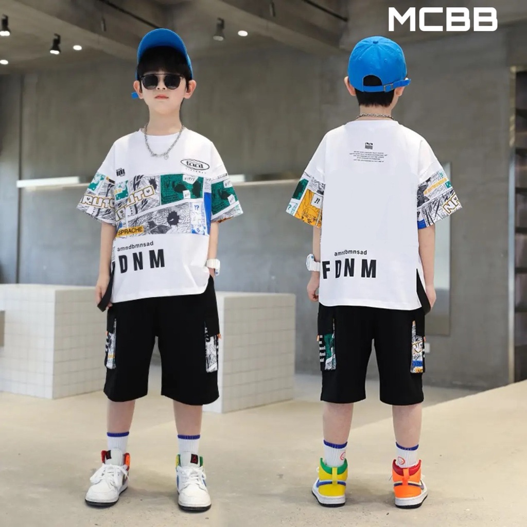 MCBB - 49-60 Kg 100% Vải Cotton Đồ Bộ Cộc Tay Nam Bé Trai & Ba HipHop Áo Thun Nam Quần Shorts Lửng Đùi Phông Quần Áo Nam