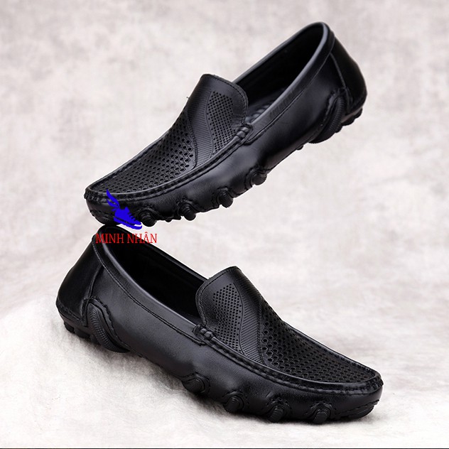 Giày rọ nam da bò cao cấp đẹp mẫu mới nguyên tấm Slipons đế khâu mùa hè đục lỗ thoáng khí Men’s Summer Shoes H-8 màu đen