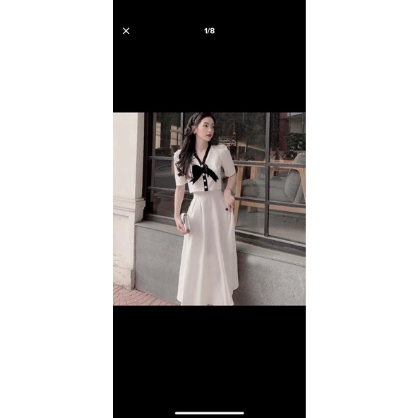 [8.8 Sales Freeship] Set váy tiểu thư vintage, set áo tay búp cổ v đính nơ to phối viền nút kèm chân váy dài sang trọng