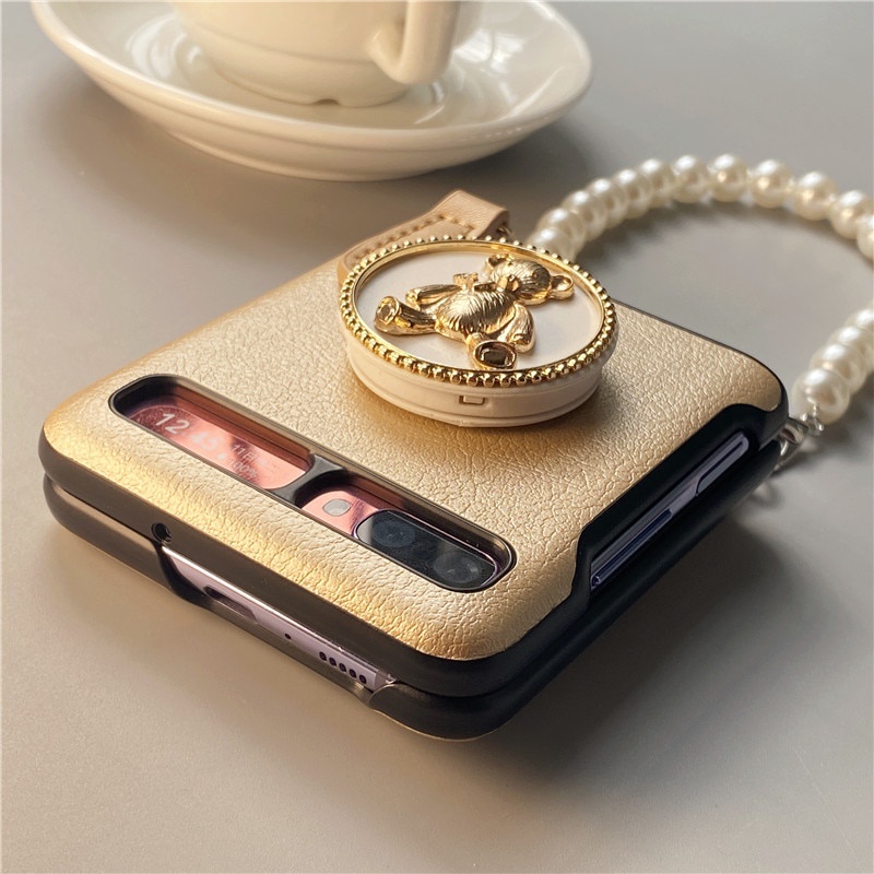 Bao Da Điện Thoại Nắp Gập Dạng Ví Dây Xích Dài Có Giá Đỡ Hình Gấu Kim Loại Đính Ngọc Trai Cho samsung z flip 4g 4 3 flip4 flip3 5g Ốp