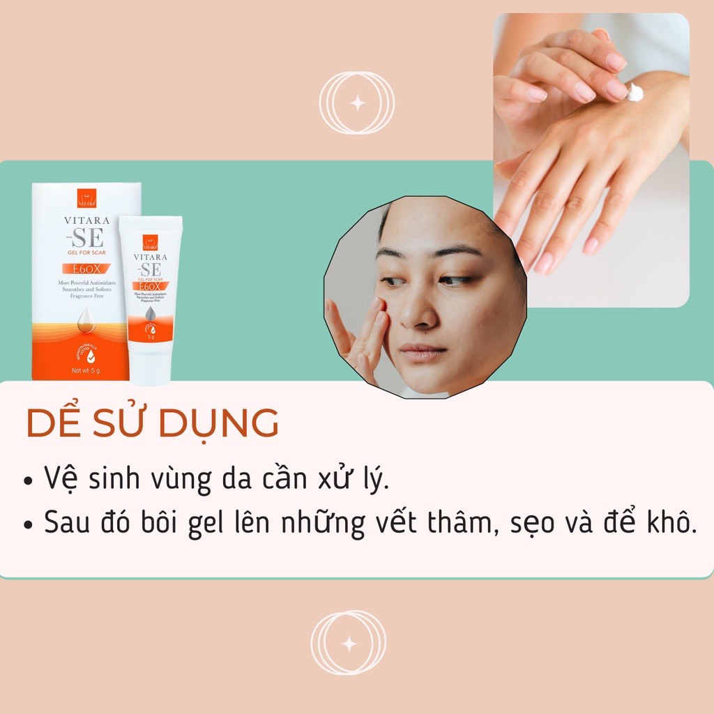 Gel thoa sẹo bằng hệ thống 3 phân tử Vitara - SE làm giảm quá trình hình thành sẹo, mờ sẹo thâm, sẹo mụn 15g