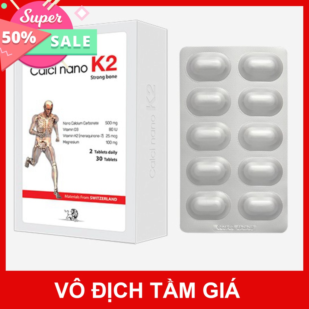 Calci Nano K2 – Bổ sung canxi, vitamin D, K2 cho bà bầu và phát triển chiều cao cho trẻ (Hộp 100 viên)