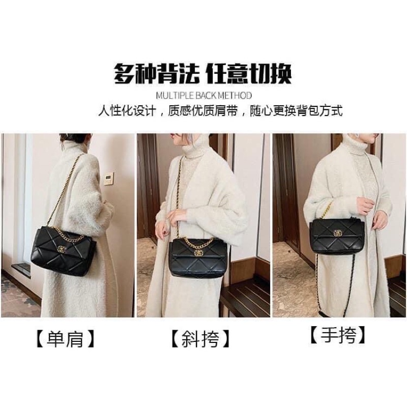 Túi đeo xà neo đen khoá xoay thời thượng pha xích - Hami