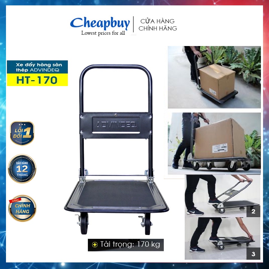 Xe đẩy kéo hàng sàn thép 4 bánh gấp gọn chở 150kg nhập khẩu Advindeq HT-170 Sàn phủ hammertonne chống gỉ xước BH 1 năm