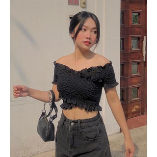 Áo croptop nhún thun đắp chéo bèo