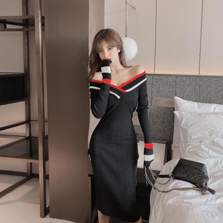 Đầm Len Tay Dài Cổ V Thời Trang Dành Cho Nữ
