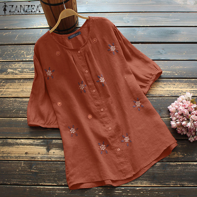 Áo ZANZEA tay ngắn dáng rộng có hàng nút phía trước thêu họa tiết phong cách thường ngày dành cho nữ