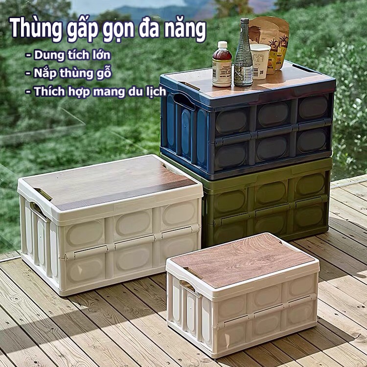 Hộp đựng đồ dã ngoại cắm trại gấp gọn đa năng mặt gỗ dung tích 50L tải trọng lớn Thùng đựng đồ cắm trại đa năng gấp gọn