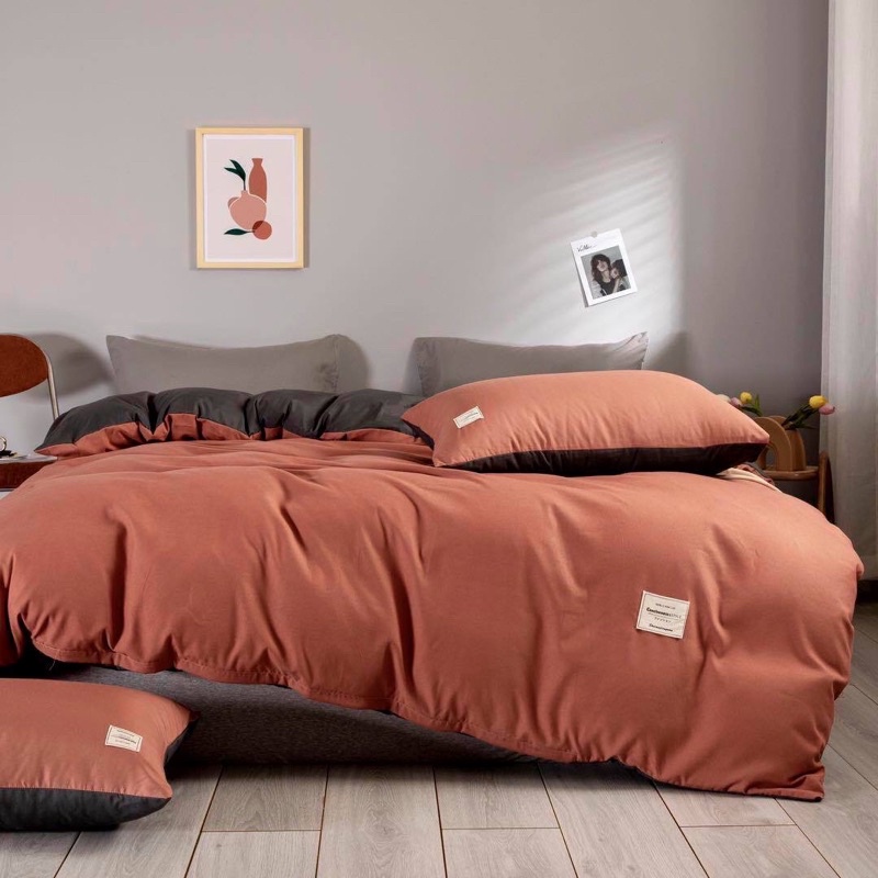 BỘ CHĂN GA GỐI COTTON TICI CAO CẤP ( CHĂN ĐÃ TRẦN BÔNG) MÀU CAM GHI - ĐỦ KÍCH THƯỚC