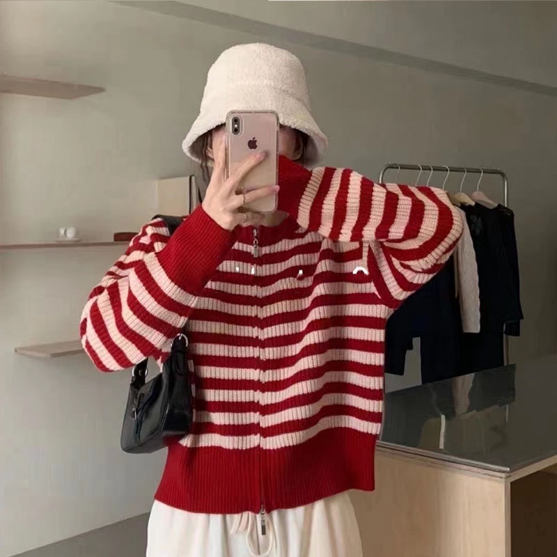 Áo cardigan mỏng sọc kẻ có khóa kéo phong cách phương tây thời trang mùa thu cho nữ