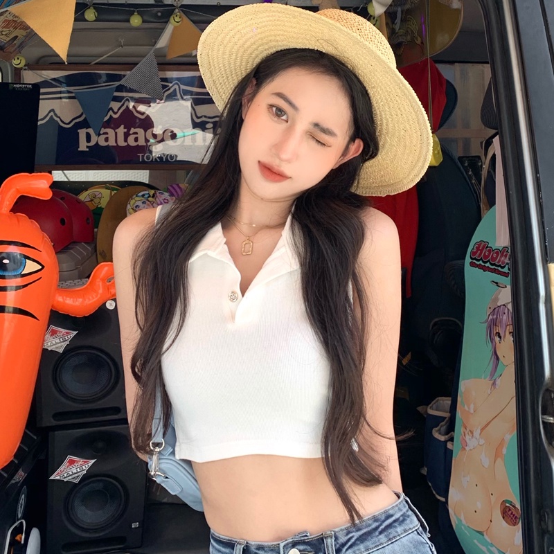 NUZIRO Áo lửng  cổ polo không tay thời trang mùa hè dành cho nữ