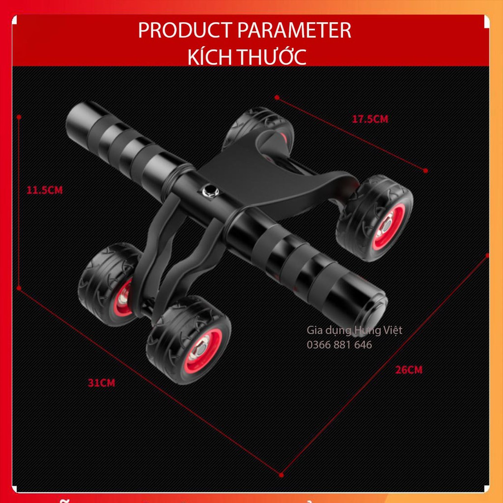 Dụng cụ tập thể dục, con lăn tập cơ bụng, eo thon 4 bánh, an toàn, nhỏ gọn [LĂN THỂ DỤC]