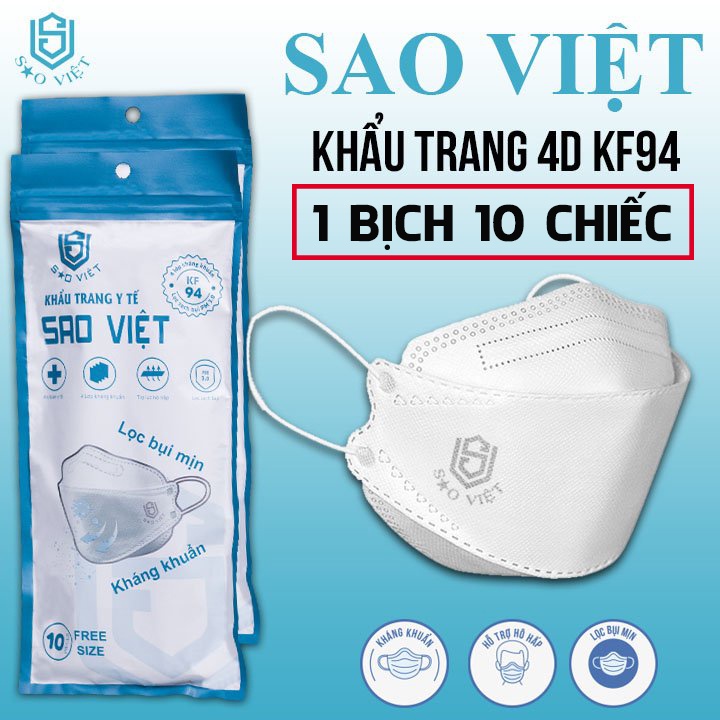 Bịch 10 chiếc - Khẩu trang y tế 4D KF94 SAO VIỆT kháng khuẩn và khói bụi 4 lớp - Hàng Chính Hãng Đạt Chuẩn