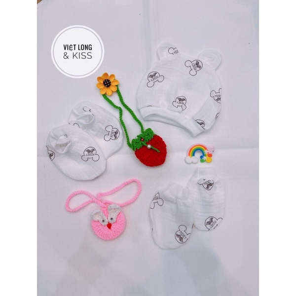 Cả set bao tay-chân-mũ cho trẻ sơ sinh chất xô Muslin siêu mềm