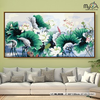 Tranh sơn dầu số hóa tranh tô màu khổ lớn - Mã HL3028 Cát tường Tranh hoa sen đầm sen cầu tài lộc may mắn hạnh phúc