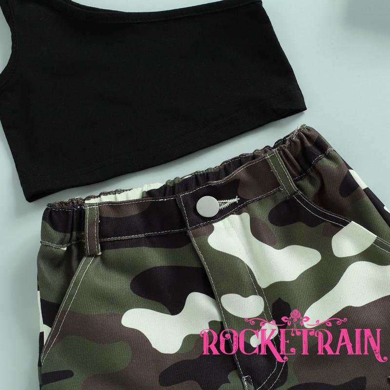 ◑Nc♧Set Áo Croptop Trễ Vai + Quần Dài Lưng Thun Họa Tiết Rằn Ri Thời Trang Cho Bé Gái