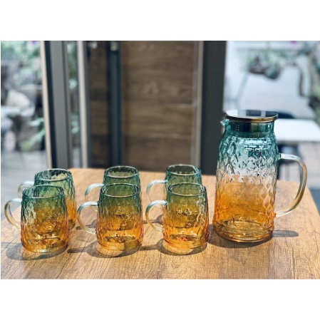 Set 6 Cốc + Bình Thuỷ Tinh Nhiệt Đới Xanh Vàng Sang Trọng Tinh Tế Siêu Hợp Với Mùa Hè
