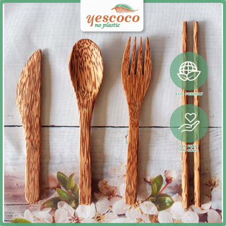 Bộ Thìa Gỗ Nĩa Dao Gỗ Dừa Túi vải đi dã ngoại  YESCOCO XƯỞNG SX