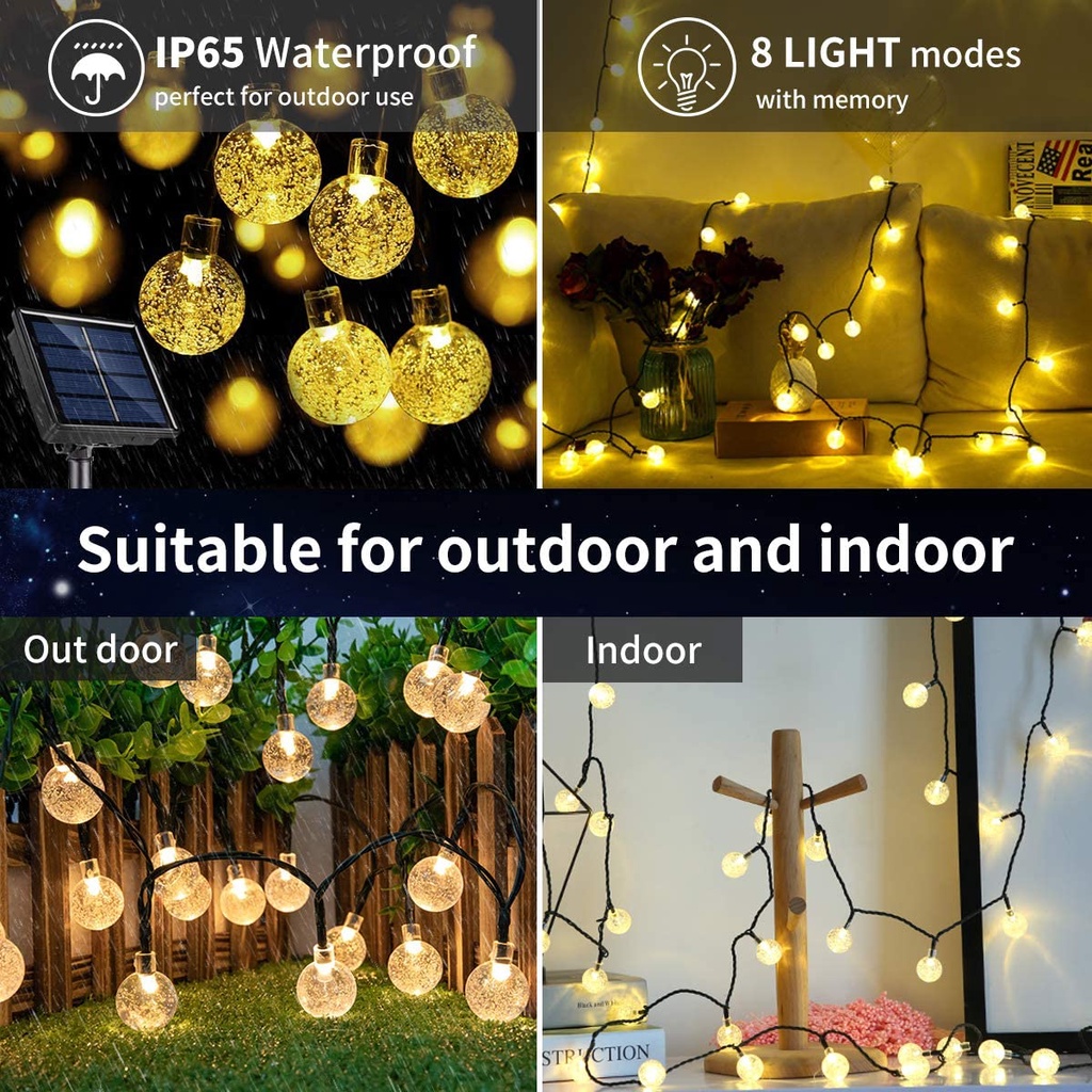 Dây đèn LED WELPUR 20/ 50/ 100 bóng 5m/ 7m/ 12m sử dụng năng lượng mặt trời chống thấm nước trang trí sân vườn