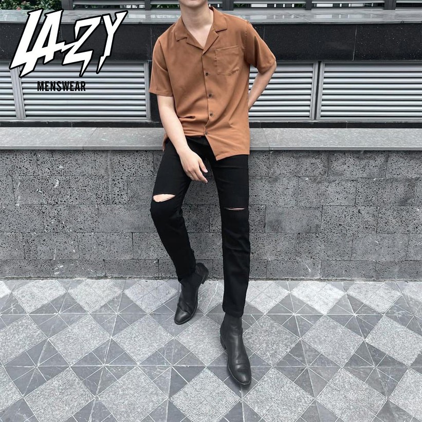 Quần Jean Đen Nam LAZY BOUTIQUE Trơn Rách Gối - Chất jean co giãn