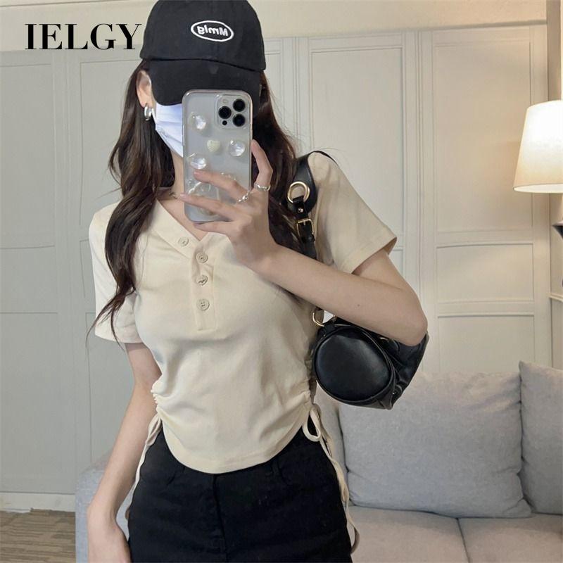 IELGY Áo Thun Tay Ngắn Cổ Chữ v Phối Dây Rút Thời Trang Cho Nữ