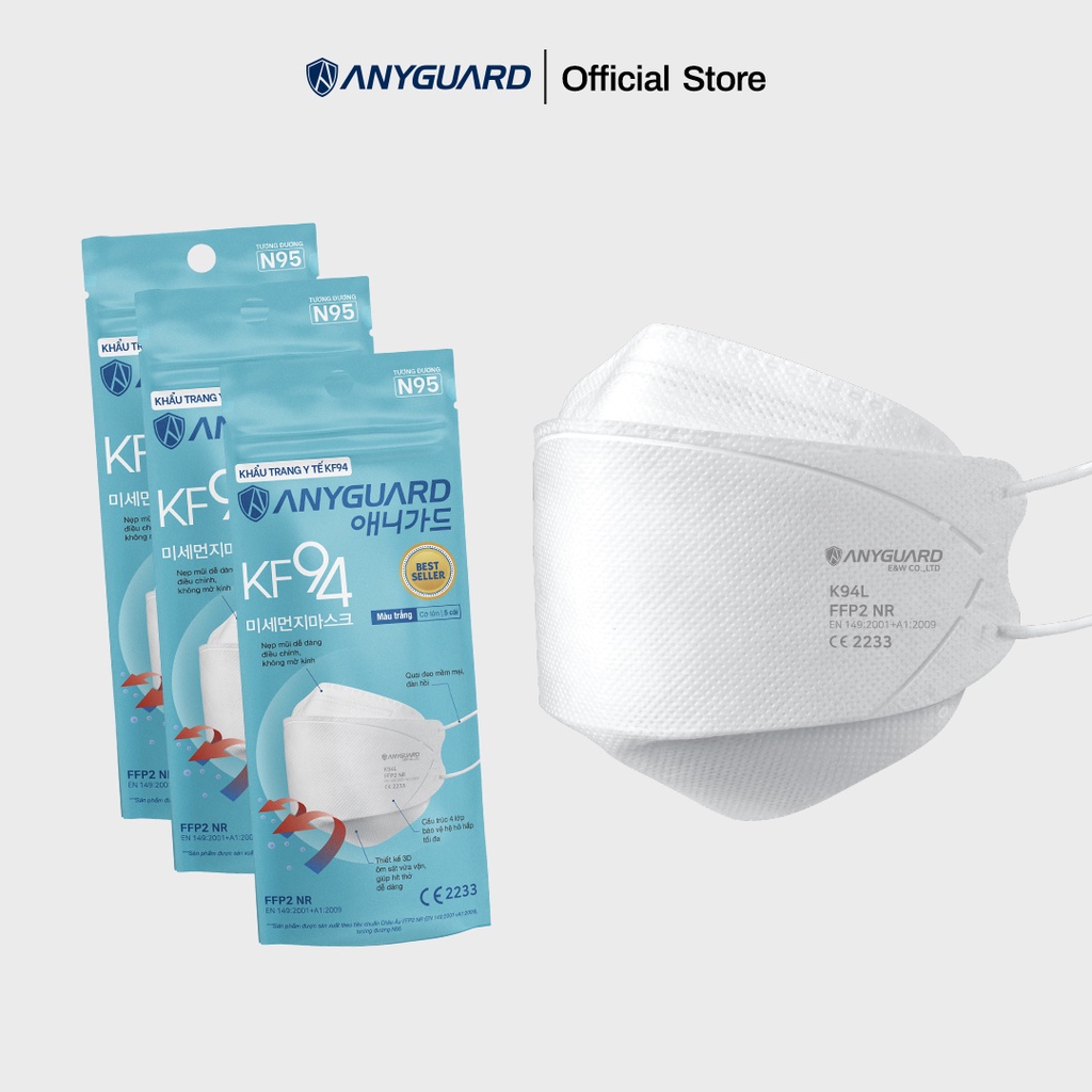 Khẩu Trang Hàn Quốc KF94 Ngăn Bụi Mịn Chính Hãng ANYGUARD Tiêu Chuẩn kháng bụi FFP2 An Toàn Cho Da - Combo 15 Cái