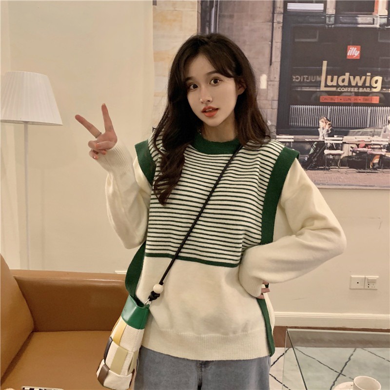 Áo Sweater Dệt Kim Tay Dài Cổ Tròn Dáng Rộng Phong Cách Hàn Quốc Thời Trang Cho Nữ