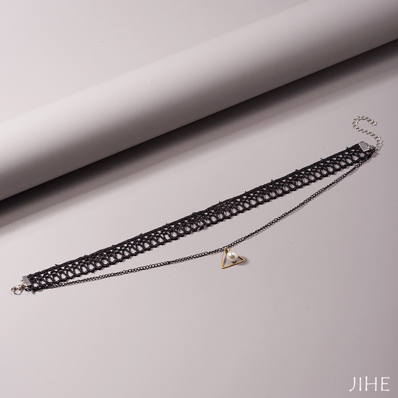 Vòng Cổ Choker Hai Lớp Đính Hạt Ngọc Trai Đen Đơn Giản Thời Trang