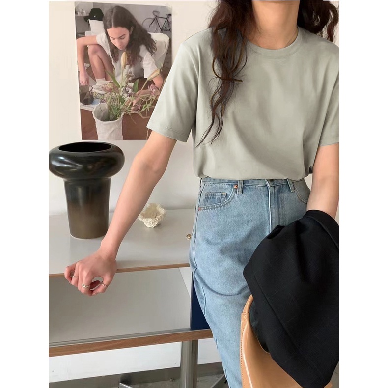 Áo thun nữ phom rộng LENOGI áo thun trơn cổ tròn basic 100% cotton cao cấp
