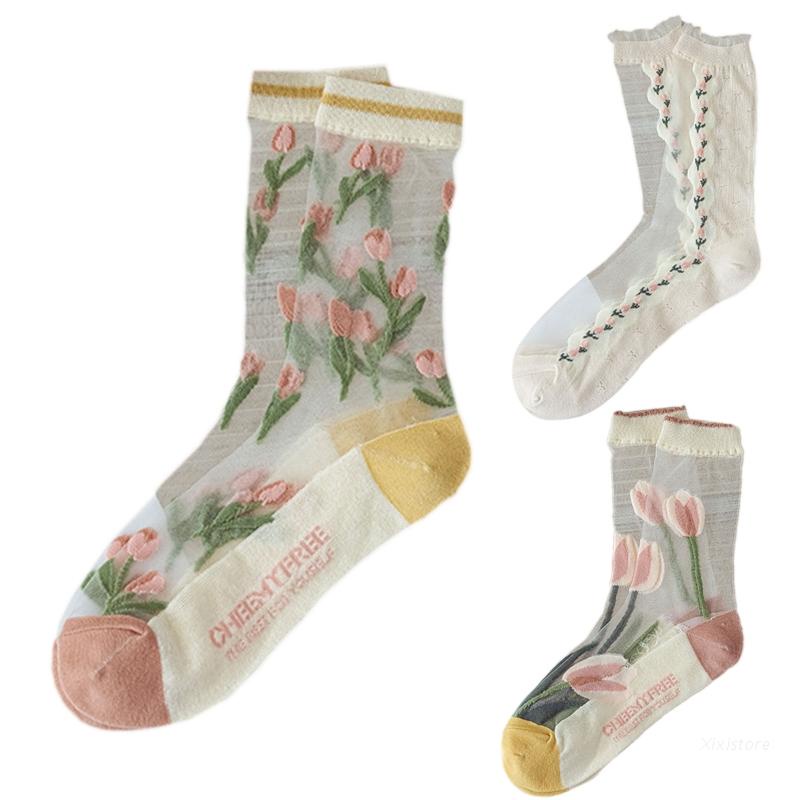 Xixi Vớ Lưới Xuyên Thấu Siêu Mỏng Họa Tiết Hoa Tulip Thời Trang Mùa Hè Cho Nữ