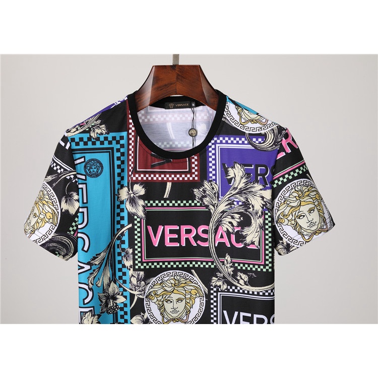 VERSACE Hawaiian logo print men summer cotton o-neck short-sleeve t-shirts men casual fashion street sport t-shirts