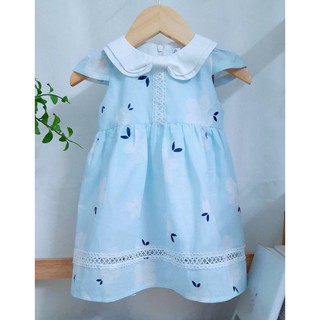 Đầm bé gái thiết kế dễ thương vải Linen cotton hoa xanh vintage, cho bé gái 10-28kg