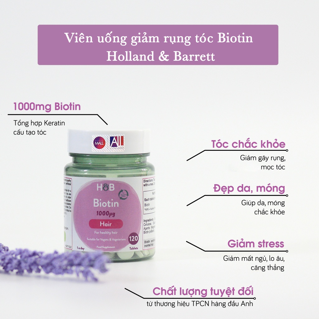 [TOP1 SHOPEE] 120 Viên uống mọc tóc Biotin Holland &amp; Barrett Biotin 1000mg (Bill Anh)