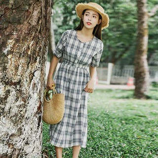 Đầm dài caro eo thun vintage - Hình thật